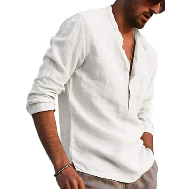 Men's Vintage Loose Casual Linen Cotton Shirts Stand Collar Long Sleeve Blouse 